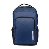 Mochila Caterpillar unisex color azul con detalles en negro. Cuenta con un compartimento principal grande, un bolsillo delantero con llavero fijo, bolsillos internos y laterales de red.