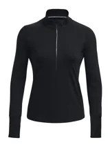 Remera deportiva manga larga fucsia con cierre medio en el cuello y orificios para los pulgares.