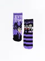 Pack de dos pares de medias de caña alta con diseños de villanas de Disney: un par con Maléfica y la frase "Evil Time", y otro par a rayas horizontales negras y violetas con la Reina Malvada.