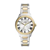Reloj Fossil modelo Gilmore para mujer, con caja plateada de acero inoxidable y bisel dorado con números romanos. La esfera es plateada con agujas doradas y segundero. El brazalete es de acero inoxidable plateado con eslabones centrales dorados.