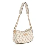 Bolso de hombro Guess modelo Evelune, color blanco con estampado del logo de la marca en marrón. Tiene herrajes dorados, cierre superior con cremallera y correa corta con cadena dorada.