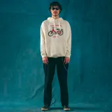 Canguro blanco con capucha y bolsillo delantero, con estampado de una moto roja y la frase "Lo Viejo Funciona" en el pecho.