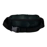 Riñonera unisex Caterpillar modelo Raymond, color verde azulado con detalles en negro y logo de la marca en amarillo. Cuenta con bolsillo trasero secreto, hebilla para llavero, correa ajustable y dos compartimentos con cierre. Capacidad de 2 litros.