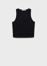 Top negro de tejido de punto fino con tirantes anchos, cuello escotado y detalle de strass.