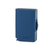 Billetera compacta azul con doble caja de aluminio con sistema de deslizamiento para tarjetas. Tiene espacio para 10 tarjetas, espacio adicional para libreta de conducir y de propiedad, y sección interna para billetes. Fabricada con tela X-Pac® impermeable.