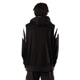 Canguro negro con capucha, corte oversize, mangas largas con franjas blancas y logo estampado en el pecho.