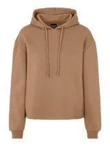 Sudadera con capucha color marrón claro, de la marca Pieces. Confeccionada con 60% algodón y 40% poliéster.