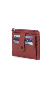 Tarjetero negro de símil cuero con presilla frontal y capacidad para 11 tarjetas. Incluye un visor transparente y un bolsillo con cierre para monedas o billetes.