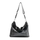 Bolso tote negro de cuero con correa ancha de tela con letras blancas.