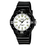 Reloj Casio LRW200H-7E1VDF con caja de resina negra, esfera blanca con índices luminiscentes y correa de resina negra. Resistente al agua hasta 100 metros.