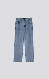 Pantalón de denim de cinco bolsillos, color azul claro con lavado ácido, de calce ancho (wide leg).