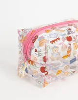 Cartuchera transparente de PVC con cierre superior y estampado de ositos de peluche, tickets de Nueva York, cerezas, pizzas y otros motivos relacionados con la ciudad de Nueva York.