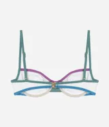 Top de bikini blanco con aro, modelo media taza, breteles ajustables y cierre en la espalda. Tiene vivos contrastantes en color azul, verde y lila.