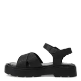 Sandalias negras con plataforma, tiras cruzadas con glitter y hebilla lateral.