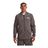 Campera Under Armour Rival Terry, color gris jaspeado, con cierre frontal completo, capucha con cordones ajustables y logo estampado en el pecho.