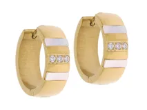 Aros de acero con baño de oro, diseño de aro con circonia y nácar.