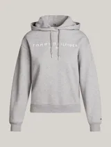 Buzo gris con capucha y cordones ajustables. Logotipo de Tommy Hilfiger bordado en blanco en el pecho y en la manga.