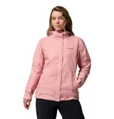 Campera impermeable y transpirable Columbia modelo Arcadia II, color rosa claro, con capucha ajustable y dobladillo con cordón. Presenta cierre frontal y bolsillos con cremallera.