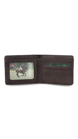 Billetera color beige de símil cuero con galón elastizado marrón y blanco. Interior con doble compartimento para billetes, visor y tarjeteros.
