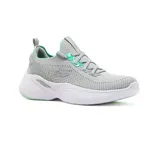 Championes Skechers Arch Fit Infinity color gris claro con detalles en verde agua. Capellada de malla tejida, cordones elásticos, plantilla Arch Fit removible y suela de goma con tecnología Vapor Foam.