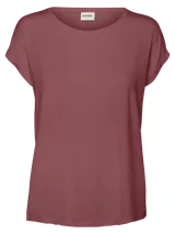 Camiseta color marrón con cuello redondo y mangas cortas con dobladillo.
