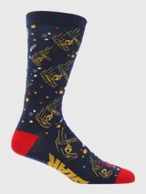 Calcetines azules con diseño de cazas TIE Fighter amarillos y detalles en rojo, blanco y amarillo.