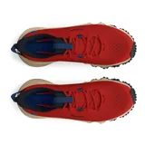 Championes de trail running Under Armour Charged Maven Trail, color marrón con detalles en naranja y negro. Diseñados para senderos, con capellada de malla transpirable, entresuela Charged Cushioning para amortiguación y suela de goma con tacos para tracción.