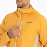 Cortaviento gris con detalles en naranja, ultra liviano, de secado rápido, con capucha y bolsillos internos.