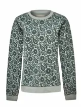 Buzo de manga larga con cuello redondo y estampado abstracto en tonos verde oliva y blanco.