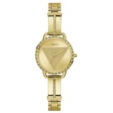 Reloj Guess dorado con caja redonda con strass y esfera dorada con triángulo central texturizado.