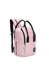 Mochila color rosa con detalles en negro y logo en verde agua.