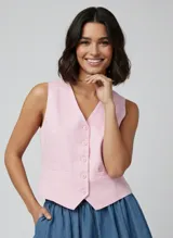 Chaleco sastrero color rosado, con cuello en V, cierre frontal con botones, bolsillos delanteros y corte entallado. Confeccionado en tejido plano de viscosa y lino.