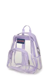 Mochila mini transparente con detalles en color lila pastel, marca JanSport.