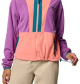 Campera Columbia de microfibra aterciopelada, con cierre frontal completo, bolsillos laterales con cremallera, ribete elástico en puños y dobladillo, y detalle de nailon en el pecho.