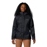 Campera impermeable Columbia Arcadia II para mujer, color negro, con capucha ajustable, bolsillos con cremallera y dobladillo ajustable con cordón. Se puede guardar en el bolsillo.
