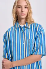 Camisa de manga corta con diseño a rayas verticales en azul, celeste y amarillo.