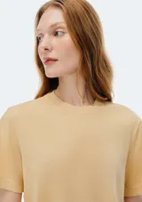 Remera color beige de corte clásico, con cuello redondo y mangas cortas.