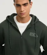 Saco canguro con capucha para hombre, color verde oscuro, con cierre de cremallera, cordón ajustable, bolsillo canguro y estampa de montaña en el pecho.