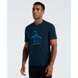 Remera azul marino de manga corta con cuello redondo y estampado frontal de un pingüino celeste con una bufanda.