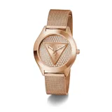 Reloj Guess para mujer, modelo GW0835L3, con caja y malla de acero inoxidable color oro rosa. La esfera está adornada con cristales y presenta el logo triangular de la marca.