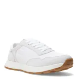 Zapatillas deportivas blancas con detalles en gamuza gris y suela de goma color caramelo.
