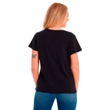 Remera negra de manga corta con cuello redondo y logo metálico de CAT estampado en el pecho.