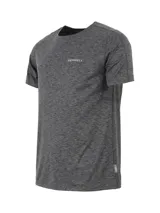 Remera gris jaspeado de manga corta con logo de la marca Merrell estampado en el pecho.