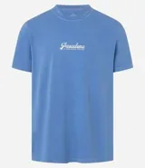 Remera celeste de algodón con cuello redondo y manga corta. Estampa centrada con la palabra "Pasadena" en letra cursiva blanca.