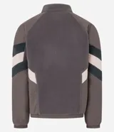 Saco masculino confeccionado en fleece color gris con recortes en marrón y negro, cuello alto, cierre en cremallera, cintura y puños ajustados con elástico. La prenda posee estampa localizada en el pecho con la palabra "LEAGUE".