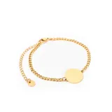 Pulsera de acero enchapado en oro con dije circular, diseño elegante y moderno.