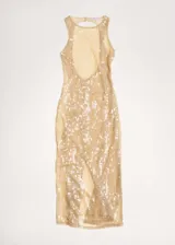 Vestido largo de fiesta color dorado con lentejuelas, cuello halter, espalda descubierta y forro interior.
