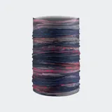 Cuello tubular multifuncional marca Buff, modelo Original Ecostretch. Confeccionado con poliéster reciclado, presenta un diseño elástico con estampado geométrico en tonos azul, rosado y gris. Ofrece protección solar UPF50 y versatilidad para múltiples usos.