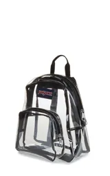 Mochila mini transparente con detalles en color lila pastel, marca JanSport.