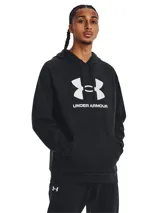 Buzo Under Armour negro con capucha y logo blanco estampado en el pecho.